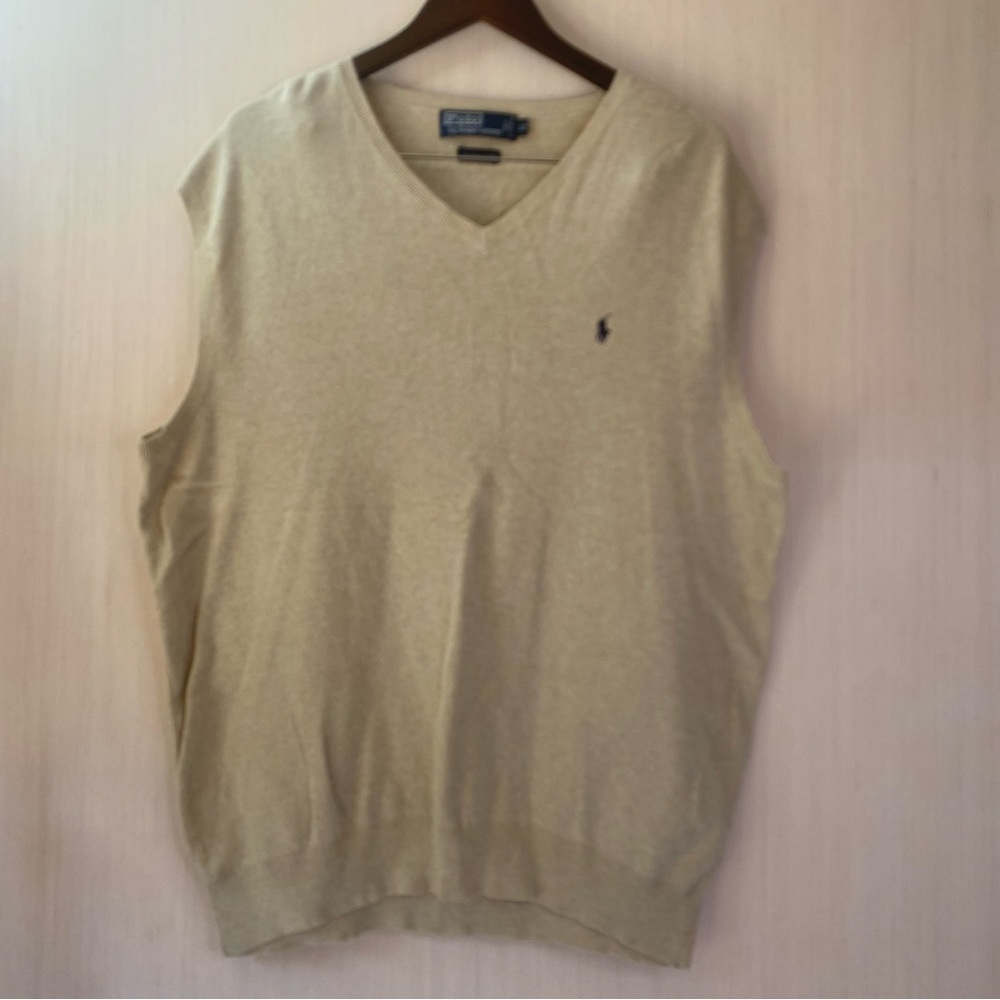 Polo by Ralph Lauren Men's Beige Pima Cotton V-Neck Sweater Vest Navy Pony LT